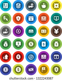 White Solid Icon Set- exchange vector, dollar coin, cash, money bag, piggy bank, investment, growth, receipt, medal, flag, shield, calendar, monitor, cursor, any currency, yen sign