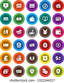 White Solid Icon Set- exchange vector, dollar coin, japanese candle, credit card, wallet, cash, investment, stack, shield, monitor, any currency, pound, yen sign, money, check