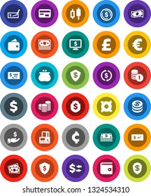 White Solid Icon Set- exchange vector, dollar coin, japanese candle, credit card, wallet, cash, investment, stack, check, shield, monitor, any currency, euro sign, pound, cent, money