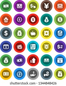 White Solid Icon Set- exchange vector, dollar coin, cash, money bag, piggy bank, investment, growth, receipt, medal, flag, shield, calendar, cursor, any currency, yen sign