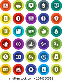 White Solid Icon Set- exchange vector, dollar coin, cash, money bag, piggy bank, investment, growth, receipt, medal, flag, shield, calendar, monitor, cursor, sign