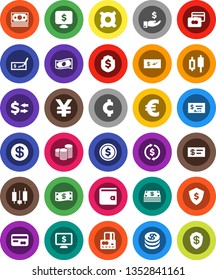 White Solid Icon Set- exchange vector, dollar coin, japanese candle, credit card, wallet, cash, investment, stack, check, shield, monitor, any currency, euro sign, yen, cent, money