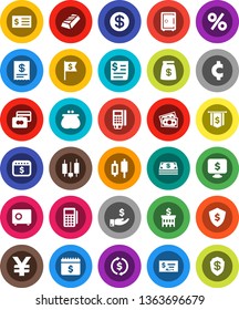 White Solid Icon Set- exchange vector, gold ingot, japanese candle, credit card, investment, check, bank building, receipt, dollar flag, shield, safe, calendar, monitor, yen sign, cent, money, coin