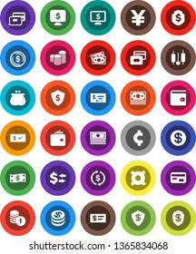White Solid Icon Set- exchange vector, dollar coin, japanese candle, credit card, wallet, cash, stack, check, shield, monitor, any currency, yen sign, cent, money