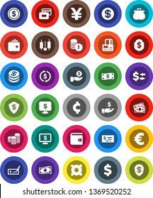 White Solid Icon Set- exchange vector, dollar coin, japanese candle, credit card, wallet, cash, investment, stack, check, shield, monitor, any currency, euro sign, yen, cent, money