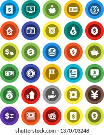 White Solid Icon Set- exchange vector, dollar coin, money bag, piggy bank, investment, growth, receipt, medal, flag, shield, calendar, monitor, cursor, any currency, yen sign, cash