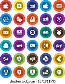 White Solid Icon Set- exchange vector, dollar coin, japanese candle, credit card, wallet, cash, investment, stack, check, shield, monitor, any currency, euro sign, yen, money