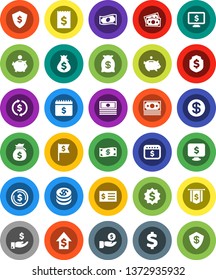 White Solid Icon Set- exchange vector, dollar coin, cash, money bag, piggy bank, investment, growth, receipt, medal, flag, shield, calendar, monitor, sign