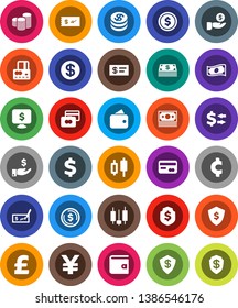 White Solid Icon Set- exchange vector, dollar coin, japanese candle, credit card, wallet, cash, investment, stack, check, shield, monitor, pound, yen sign, cent, money