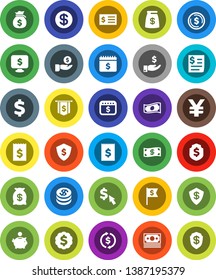 White Solid Icon Set- exchange vector, dollar coin, cash, money bag, piggy bank, investment, receipt, medal, flag, shield, calendar, monitor, cursor, yen sign