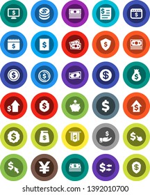 White Solid Icon Set- exchange vector, dollar coin, cash, money bag, piggy bank, investment, growth, medal, flag, shield, calendar, monitor, cursor, yen sign, receipt