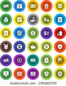 White Solid Icon Set- exchange vector, cash, money bag, piggy bank, investment, dollar growth, receipt, medal, flag, shield, calendar, monitor, cursor, any currency, yen sign, coin