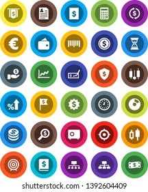White Solid Icon Set- exchange vector, dollar coin, graph, pie, japanese candle, percent growth, investment, check, annual report, calculator, money search, clock, target, sand, medal, flag, shield