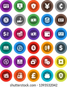 White Solid Icon Set- exchange vector, dollar coin, japanese candle, credit card, wallet, cash, investment, stack, check, shield, monitor, any currency, pound, yen sign, cent, money