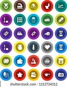 White Solid Icon Set- fetlock vector, toilet, brush, paper, plates, jug, pencil, graph, sand clock, tie, medal, pills, pool, heart, dna, eye doctor hat, drop counter, router, cottage, wallet, star