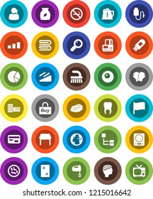 White Solid Icon Set- fetlock vector, towel, window cleaning, kettle, mixer, cereal, steak, school building, flag, pie graph, credit card, boxing glove, stairways run, no smoking, earth, support, tv