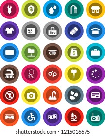 White Solid Icon Set- fetlock vector, shower, garbage pile, water tap, case, microscope, cash, jump rope, swimsuite, t shirt, no alcohol sign, office, dry cargo, camera, mail, disabled, gender, buy