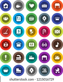 White Solid Icon Set- fetlock vector, rake, welcome mat, foam basin, chicken leg, glasses, music, annual report, roller Skates, pool, attention, ship, wood box, dry cargo, tulip, group, heart cross