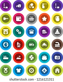 White Solid Icon Set- fetlock vector, toilet brush, sprayer, jug, microscope, school bus, wallet, medal, pills, pool, earth, dry cargo, flammable, cottage, mountain, key, clothes, star, hood, camera