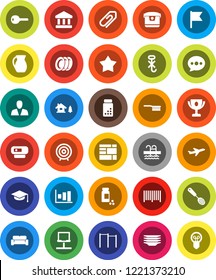 White Solid Icon Set- fetlock vector, plates, skimmer, jug, graduate hat, award cup, flag, bank, graph, target, pills vial, horizontal bar, pool, plane, consolidated cargo, no hook, notebook network