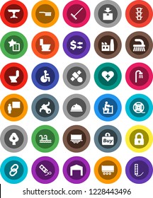 White Solid Icon Set- fetlock vector, rake, toilet, dish, blackboard, student, exchange, satellite, traffic light, truck trailer, package, film spool, link, disabled, heart cross, favorites, pool