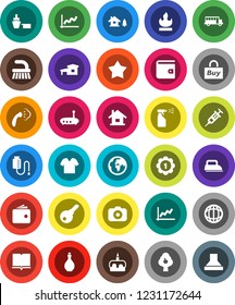 White Solid Icon Set- fetlock vector, steaming, sprayer, oil, cake, book, school bus, world, graph, wallet, medal, earth, port, flammable, camera, syringe, drop counter, router, house, cottage, buy