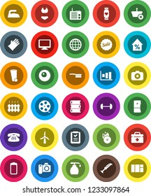 White Solid Icon Set- fetlock vector, trash bin, iron, liquid soap, rubber glove, book, graph, percent growth, barbell, swimsuite, heart monitor, film spool, music hit, camera, classic phone, ovule