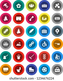 White Solid Icon Set- fetlock vector, rake, toilet, apron, turk coffee, pen, pencil, student, bell, shorts, roller Skates, pool, satellite, traffic light, ship, truck trailer, film spool, satellitie