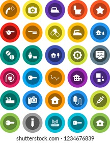 White Solid Icon Set- fetlock vector, iron, steaming, toilet, constellation, tie, medal, pills, port, camera, syringe, eye doctor hat, diagnostic monitor, drop counter, loading, key, cottage, chalet