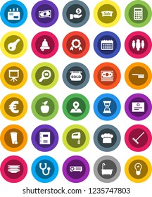 White Solid Icon Set- fetlock vector, rake, trash bin, bath, plates, cook hat, copybook, apple fruit, bell, medal, certificate, presentation, cash, investment, calculator, man, sand clock, euro sign