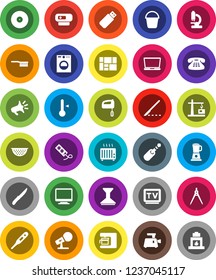 White Solid Icon Set- fetlock vector, bucket, car, colander, knife, thermometer, drawing compass, consolidated cargo, disk, microphone, tv, classic phone, jack, scalpel, microscope, loudspeaker, usb