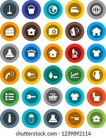 White Solid Icon Set- fetlock vector, mop, bucket, iron, steaming, toilet, paper, jug, cake, microscope, world, graph, tie, pool, earth, port, dry cargo, camera, home, key, clothes, menu, password
