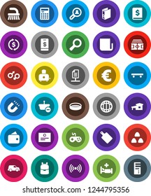White Solid Icon Set- fetlock vector, cutting board, toaster, sieve, cereal, backpack, calculator, certificate, magnet, world, magnifier, exchange, annual report, binder, euro sign, stadium, car