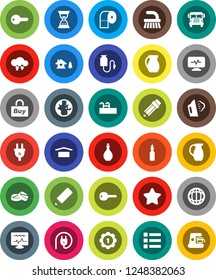 White Solid Icon Set- fetlock vector, steaming, toilet paper, oil, jug, pencil, school bus, world, sand clock, medal, dry cargo, pills, diagnostic monitor, drop counter, cloud exchange, chalet, pool