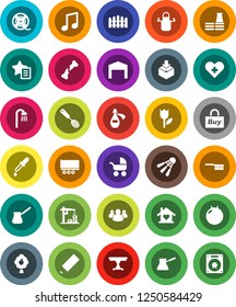 White Solid Icon Set- fetlock vector, apron, skimmer, turk coffee, pencil, music, fitball, shuttlecock, truck trailer, tulip, package, film spool, group, heart cross, dropper, broken bone, potion