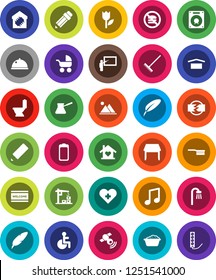 White Solid Icon Set- fetlock vector, rake, welcome mat, toilet, foam basin, turk coffee, dish, pen, pencil, blackboard, music, no fastfood, dry cargo, tulip, satellitie, battery, disabled, mountain