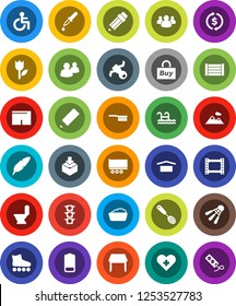 White Solid Icon Set- fetlock vector, toilet, foam basin, skimmer, pen, pencil, exchange, shorts, roller Skates, shuttlecock, satellite, traffic light, truck trailer, wood box, dry cargo, tulip, buy