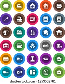 White Solid Icon Set- fetlock vector, sponge, car, window cleaning, iron, steaming, house hold, oven, university, warehouse, key, cottage, chalet, garage, estate document, rooms signboard, sold