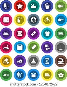 White Solid Icon Set- fetlock vector, mop, bucket, iron, sprayer, book, pencil, school bus, world, wallet, sand clock, scales, pills, port, dry cargo, dna, drop counter, router, loading, key, pool