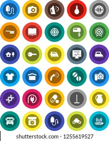 White Solid Icon Set- fetlock vector, mop, iron, steaming, oil, jug, book, school bus, world, target, pills, dry cargo, camera, dna, diagnostic monitor, drop counter, chalet, key, clothes, mixer