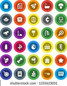 White Solid Icon Set- fetlock vector, toilet brush, shower, pan, cook timer, oven, pasta, mushroom, telescope, document, money search, cent sign, clipboard, water bottle, shuttlecock, bone, route