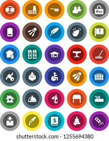 White Solid Icon Set- fetlock vector, rake, dish, chicken leg, pen, bell, annual report, shuttlecock, attention, satellite, package, group, battery, disabled, dropper, potion, disconnection, pool