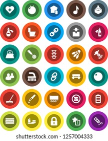 White Solid Icon Set- fetlock vector, rake, welcome mat, toilet, kettle, skimmer, music, fitball, shuttlecock, no fastfood, traffic light, ship, truck trailer, package, satellitie, link, group, lock