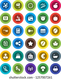 White Solid Icon Set- fetlock vector, welcome mat, bath, kettle, mushroom, calculator, alarm clock, manager, dollar cursor, euro sign, diet, calendar, stairways run, hoop, social media, favorites