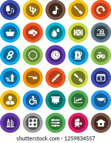 White Solid Icon Set- fetlock vector, kettle, skimmer, spatula, oven, graduate hat, ruler, music, graph, percent growth, manager, presentation board, dollar calendar, pool, hoop, clock, wood box