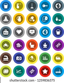 White Solid Icon Set- fetlock vector, mop, bucket, iron, toilet, sprayer, paper, plates, jug, world, graph, pills, earth, port, flammable, heart, dna, diagnostic monitor, key, cottage, pool, star