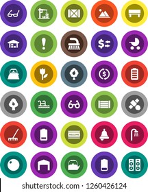 White Solid Icon Set- fetlock vector, rake, welcome mat, kettle, glasses, bell, exchange, fitball, attention, satellite, wood box, tulip, battery, bench, pool, fruit tree, mountain, barn, bath