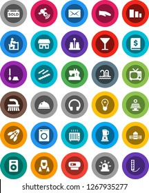 White Solid Icon Set- fetlock vector, toilet brush, cleaner woman, cook glove, spices, dish, school building, student, annual report, stairways run, shuttlecock, pool, glass, sorting, satellitie, tv