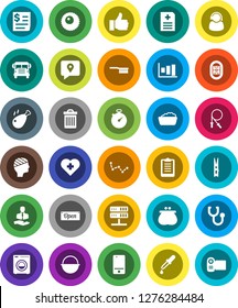 White Solid Icon Set- fetlock vector, clothespin, trash bin, foam basin, camping cauldron, chicken leg, school bus, constellation, graph, stopwatch, clipboard, jump rope, heart cross, stadium, ovule