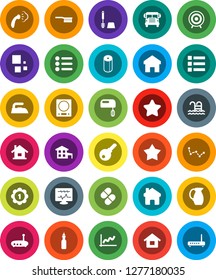 White Solid Icon Set- fetlock vector, iron, steaming, toilet brush, paper, jug, oil, school bus, constellation, graph, target, medal, pool, pills, diagnostic monitor, router, home, loading, house